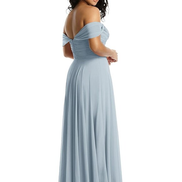Dessy 2970....Off-the-Shoulder Draped Chiffon Maxi Dress....Mist...Size 0 - Picture 3 of 6